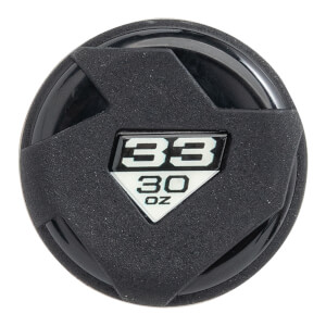 End view of a black baseball bat with a textured surface and a white diamond logo showing 33 30 OZ.