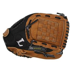 Top-down view of a brown and black youth baseball glove with a woven palm and GENESIS 1884 text.