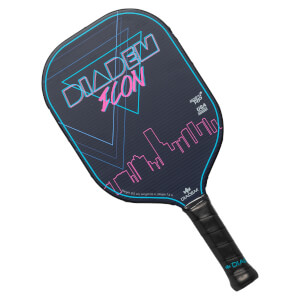 Top-down view of a dark blue pickleball paddle with DIADEM ICON text, city skyline graphic, and black grip.