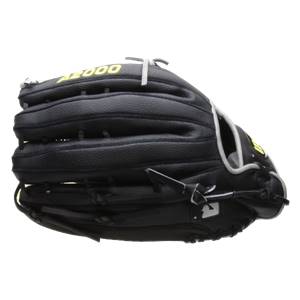 Side view of a black baseball glove with yellow A2000 text and white lacing.