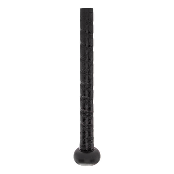 Close-up of a black baseball bat grip with a textured pattern and a black knob.