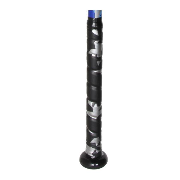 Close-up of a black baseball bat grip with silver star pattern and blue accents.