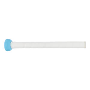 Side view of a white fastpitch softball bat with a light blue knob and white textured handle.