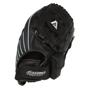 Top-down view of a black baseball glove with white A logo and Akadema professional text.