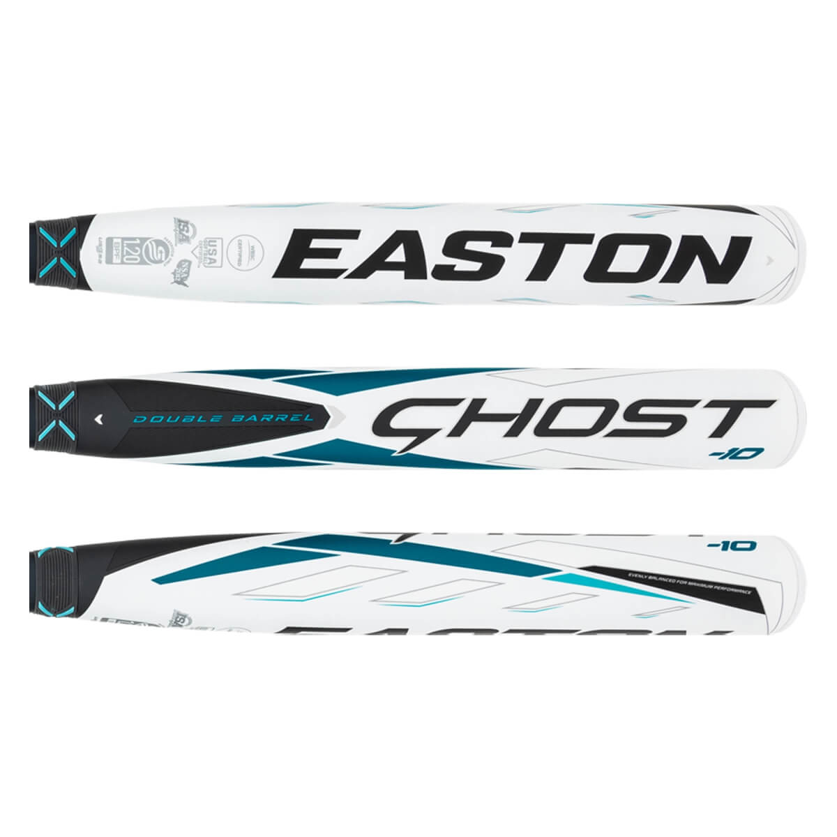 Side view of a white, black, and teal fastpitch softball bat with EASTON, GHOST Double Barrel text, and graphic patterns.