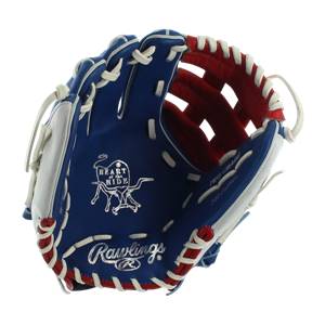 Front view of a blue baseball glove with white and red lacing, and Rawlings and Heart of the Hide logos.