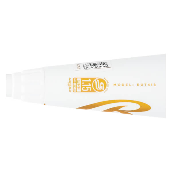 Close-up of a white baseball bat barrel with a gold USSSA 1.15 BPF stamp, gold logo, and MODEL: RUT4I8 text.