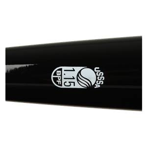 Close-up of a black baseball bat with BPF 1.15 and USSSA logos.