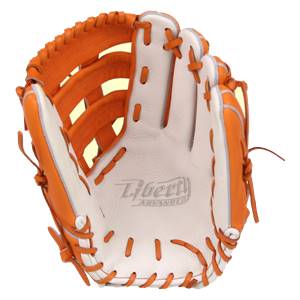 Top-down view of an orange and white baseball glove with Liberty Advanced text and white stitching.