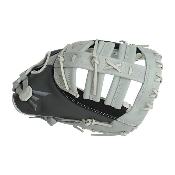 Top-down view of a grey and black Easton Ghost first base mitt with a webbed pocket and white lacing.