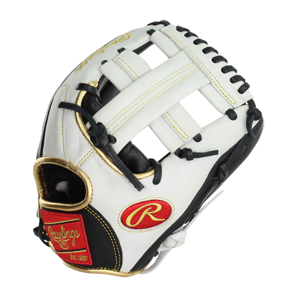Front view of a white baseball glove with black lacing, gold trim, and red Rawlings logo.