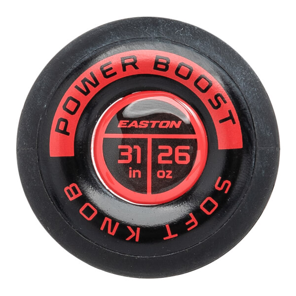 Bottom view of the black and red knob featuring the text "POWER BOOST SOFT KNOB" and the Easton logo with "31 in" and "26 oz" dimensions.