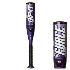 Front view of a purple RIP-IT Force Fastpitch Softball Bat with black grip and white lettering.