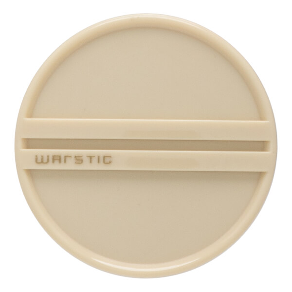 Top-down view of a cream baseball bat end cap with two raised horizontal lines and WARSTIC embossed in the center.