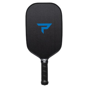 Front view of a black pickleball paddle with a blue P logo and textured grip.