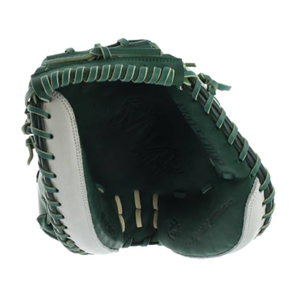 Top-down view of a green and white baseball glove with MVP PRIME embossed inside and PRO-STOCK on the side.
