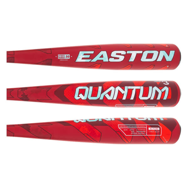 Top-down view of a red Easton Quantum baseball bat with light blue lettering and a 50-degree logo.