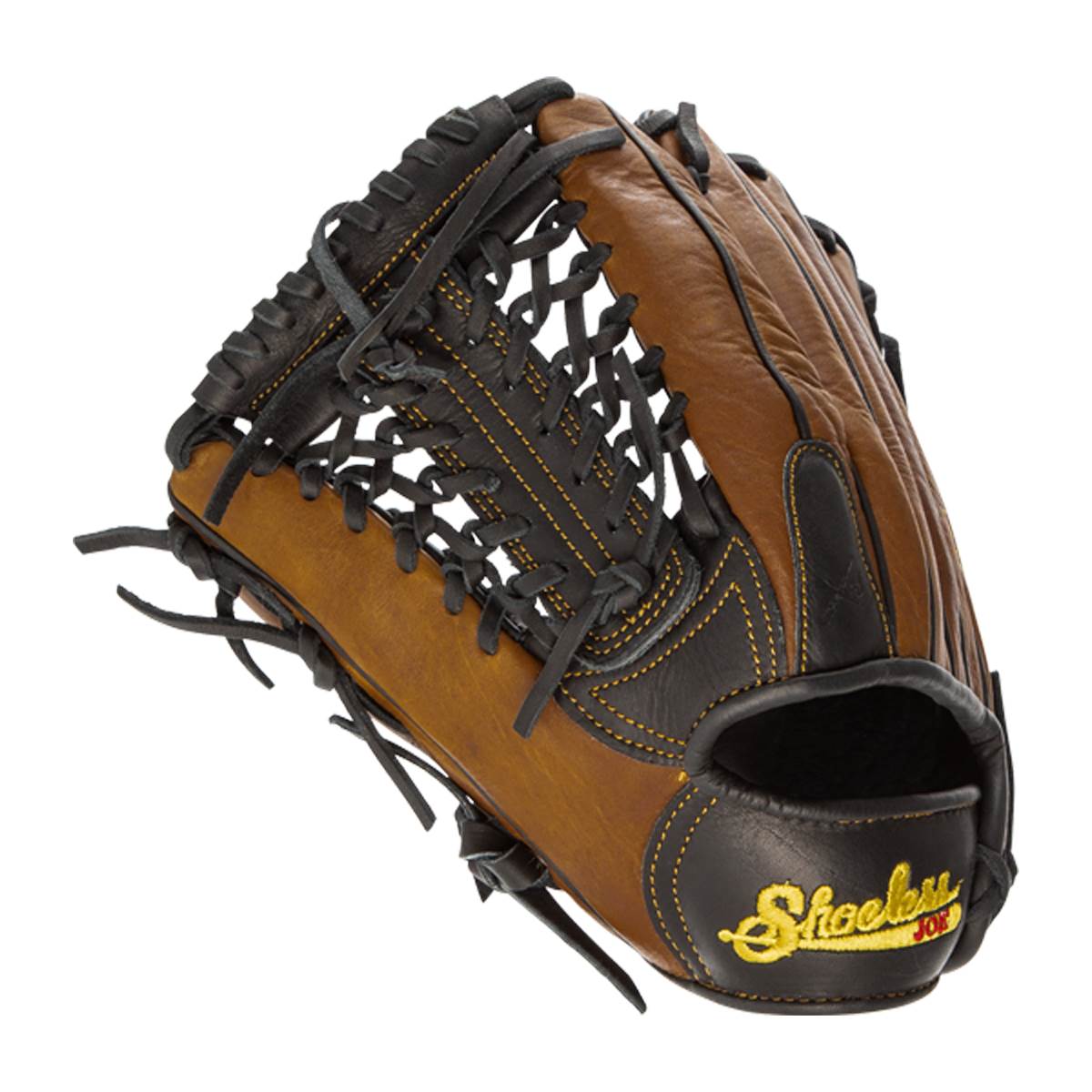 Corner view of a brown and black baseball glove with yellow stitching and Shoeless Joe logo.