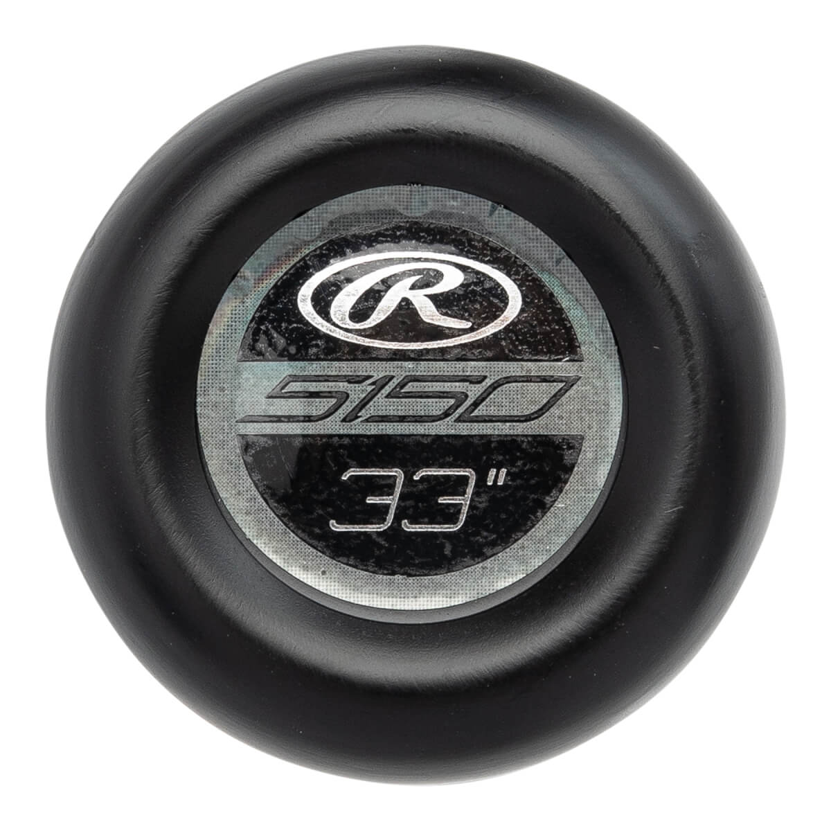 End view of a black baseball bat with Rawlings logo, 5150, and 33 markings.