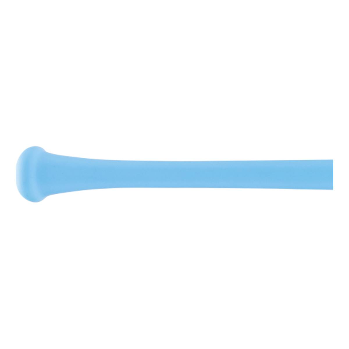 Side view of a light blue baseball bat with a knob and tapered handle.