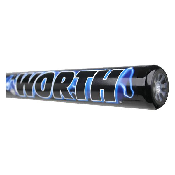 Side view of a black softball bat with blue lightning graphics and WORTH text.