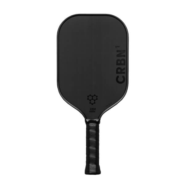 Front view of a black pickleball paddle with CRBN¹ branding and a honeycomb logo.