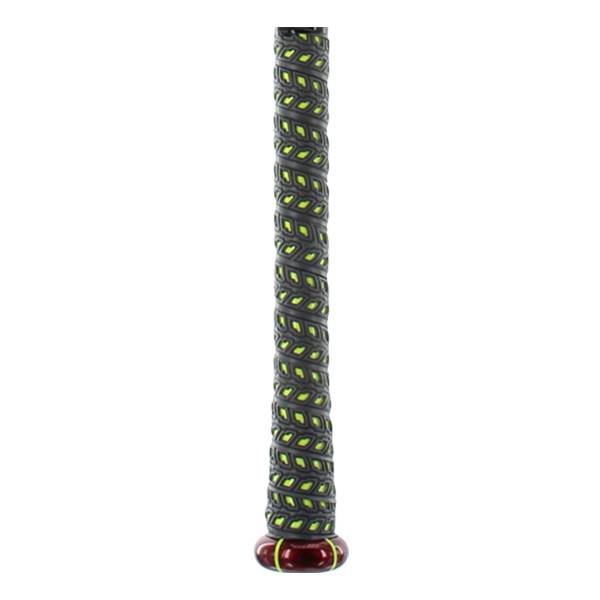 Close-up of a black baseball bat grip with lime green accents and a dark red end cap.