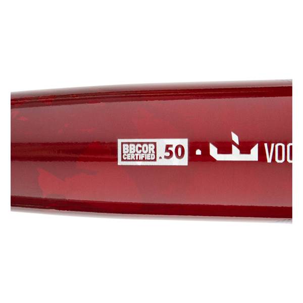 Close-up of a red baseball bat with BBCOR CERTIFIED .50 and VOO visible.