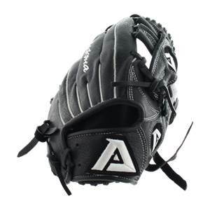 Top-down view of a black baseball glove with white stitching and a large white A logo.