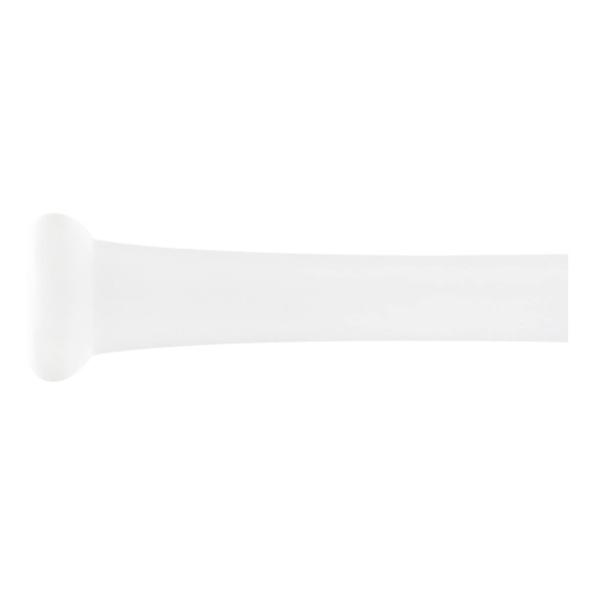 Side view of a white training bat with a rounded knob and tapered barrel.