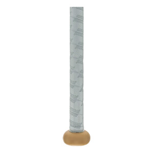 Close-up of a light gray bat grip with repeated Marucci text, perforated texture, and a tan knob.