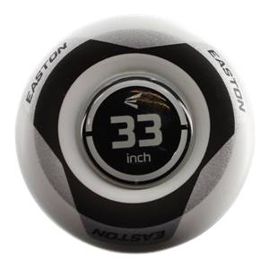 End view of a white baseball bat with black and silver accents, showing 33 inch and EASTON branding.