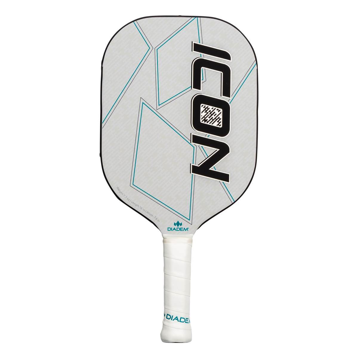 Front view of a white pickleball paddle with black ICON text and a geometric design.