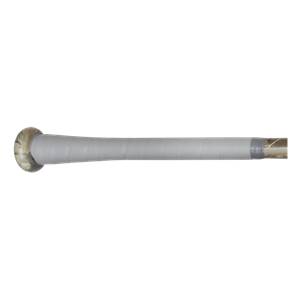 Side view of a tan and grey baseball bat with a grey grip and a camouflaged knob.