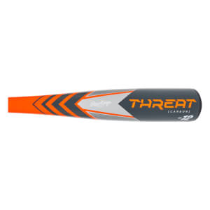 Side view of a gray and orange baseball bat with THREAT [CARBON] -12 text and Rawlings logo.