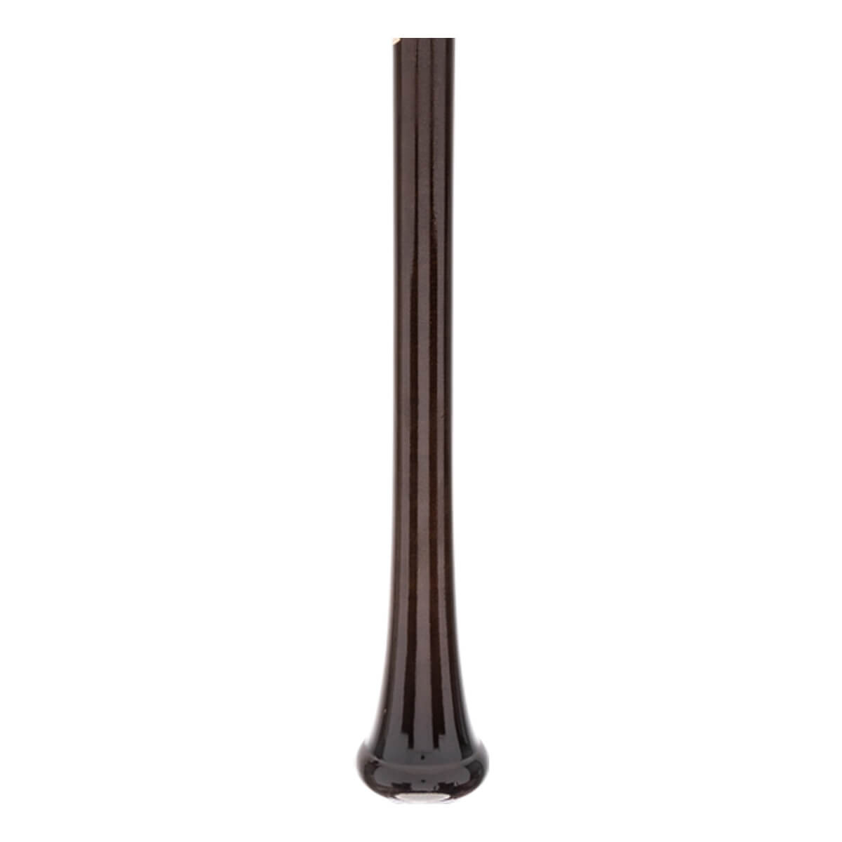 Side view of a brown baseball bat with a flared knob and grooved barrel.