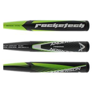 Close-up of a black and green Anderson Rocketech bat with rocketech and Anderson branding.