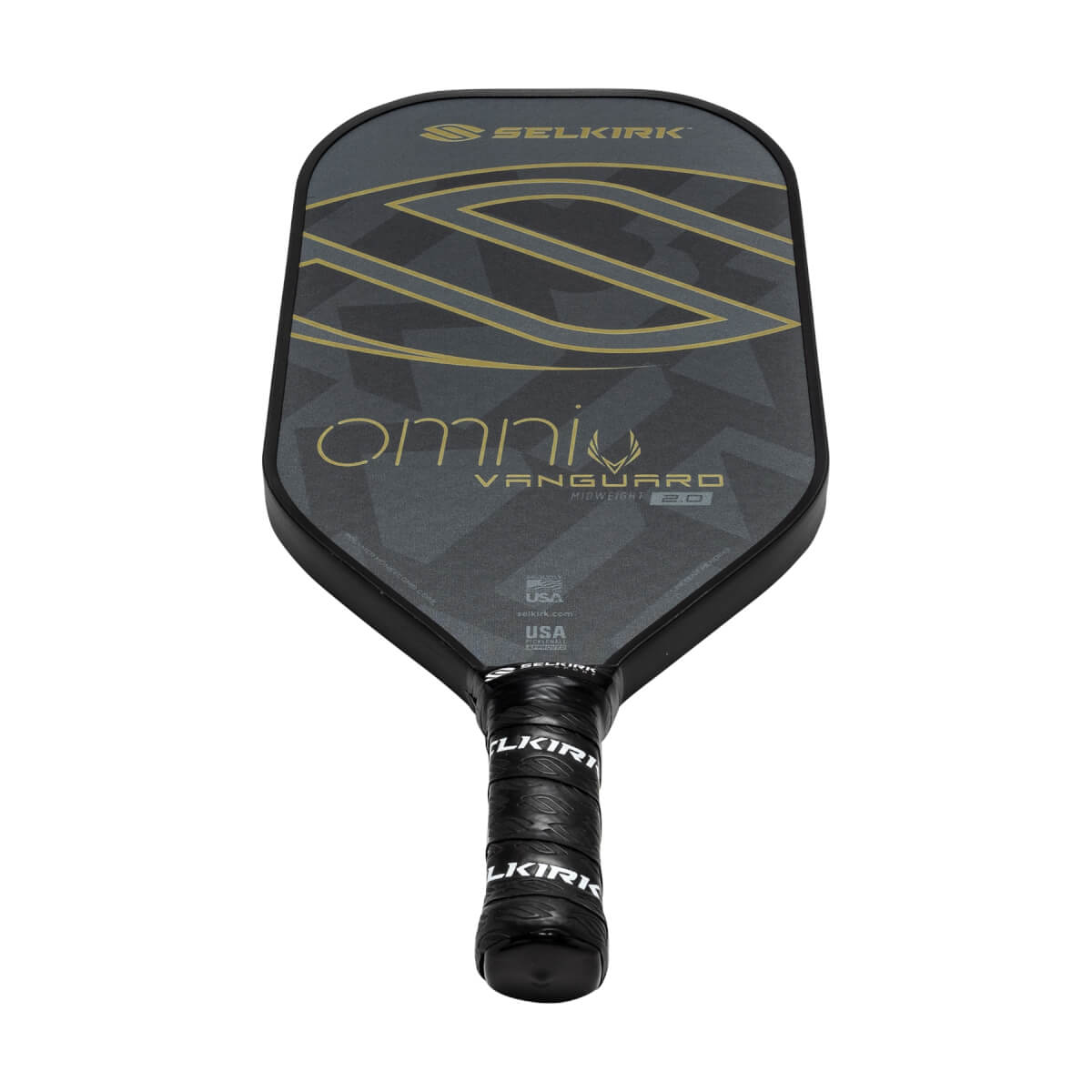 Front view of a black pickleball paddle with gold Selkirk branding and omni VANGUARD text.