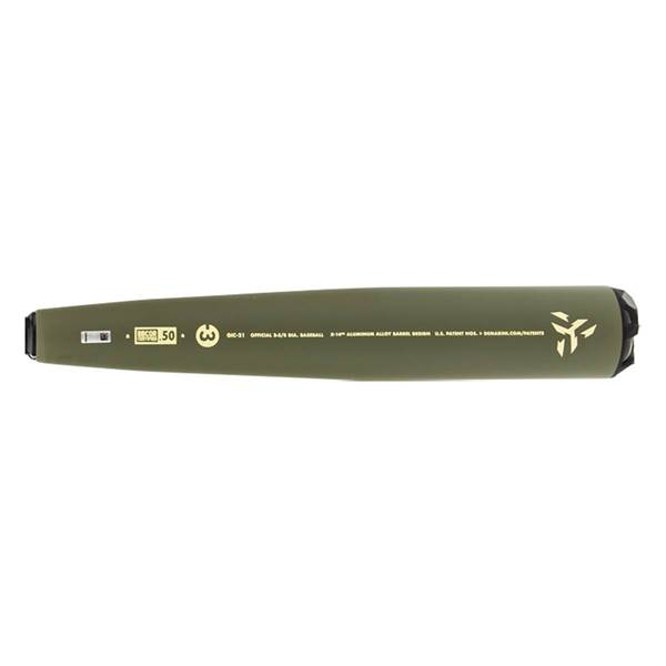 Top-down view of a green baseball bat with 50 and a three-pronged logo.