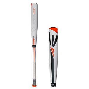 Side view of a white baseball bat with orange and black accents, and EASTON MAKO text.