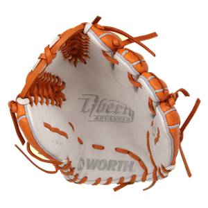Interior view of an orange and white baseball glove with Liberty ADVANCED and WORTH branding.