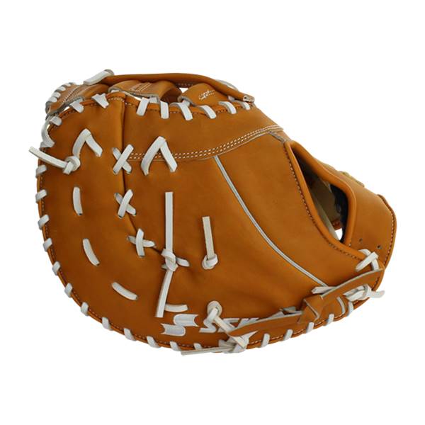 Side view of a tan first base mitt with white lacing and a deep pocket.