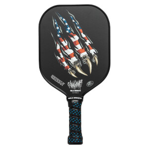 Front view of a black pickleball paddle with American flag claw marks and a blue-dotted grip.