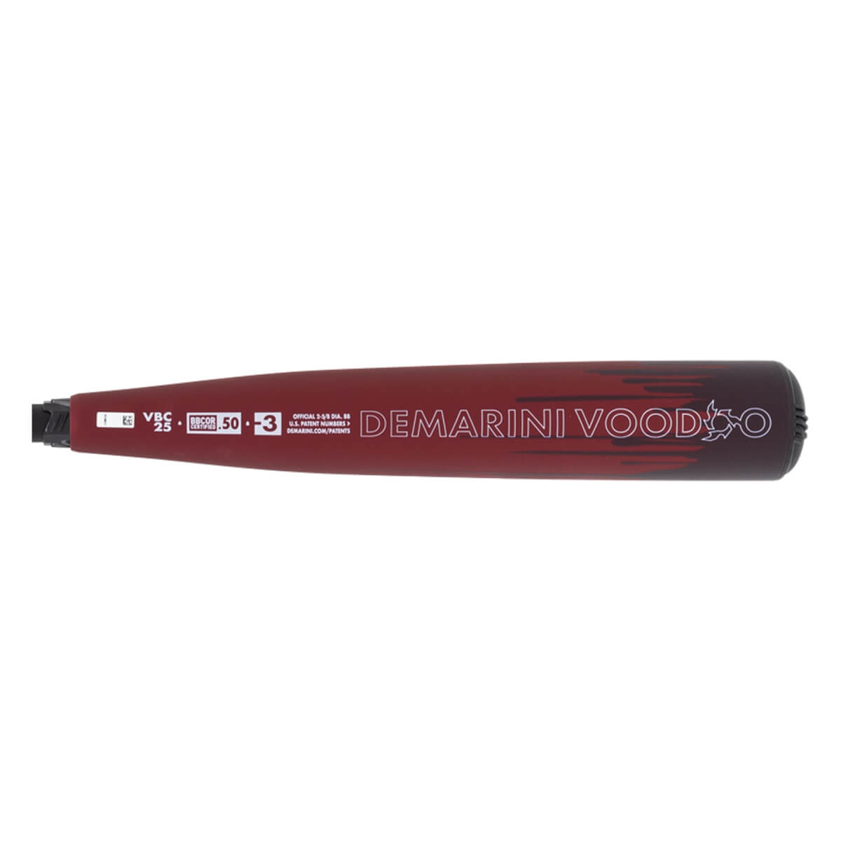 Side view of a red DeMarini Voodoo baseball bat with VBC 25 and 50-3 markings.
