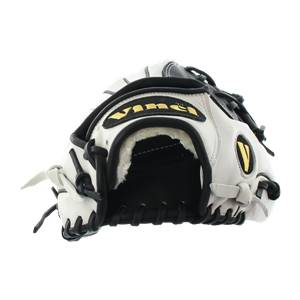 Front view of a white baseball glove with black lacing and gold Vinci branding.