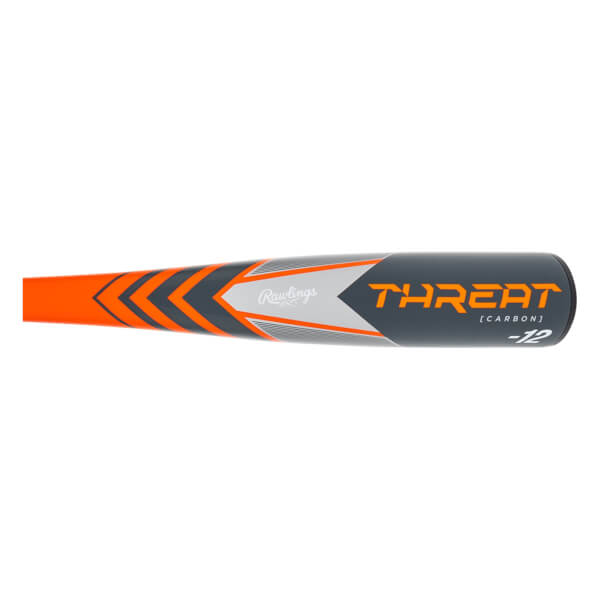 Side view of a gray and orange baseball bat with THREAT [CARBON] -12 text and Rawlings logo.