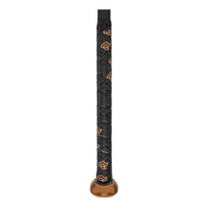 Close-up of a black textured softball bat grip with repeated bronze DeMarini logos and a matching bronze knob.