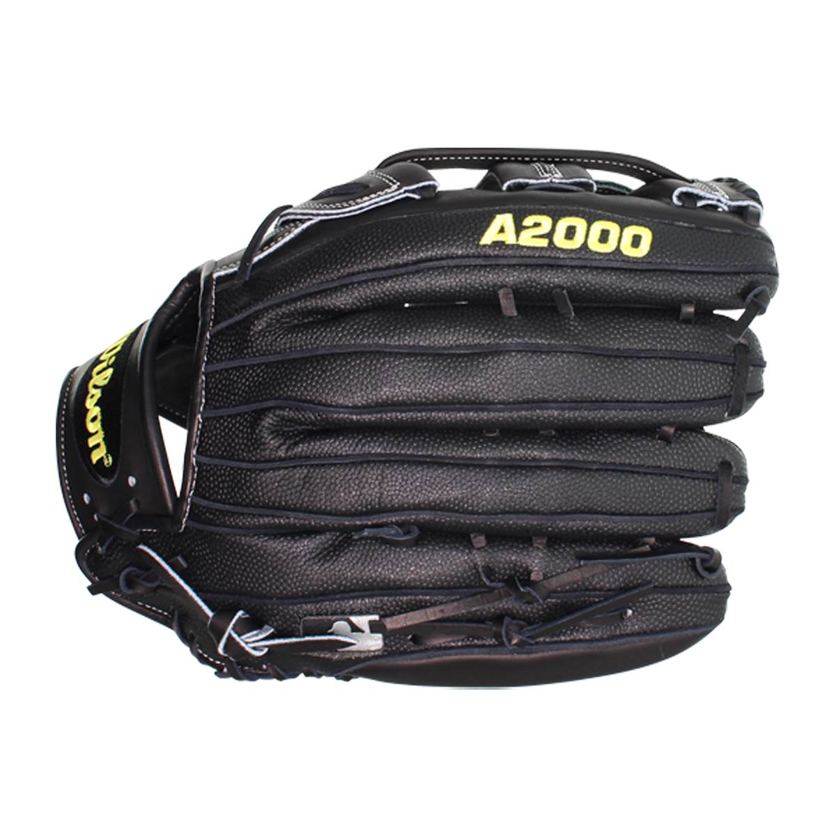 Front view of a black baseball glove with yellow A2000 branding and Wilson logo.