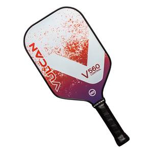 Top-down view of a white and purple pickleball paddle with red speckles, a large white V, and VULCAN V560 CONTROL text.