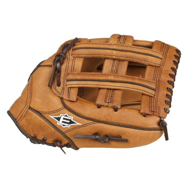 Side view of a tan baseball glove with a webbed pocket and embroidered Easton logo.